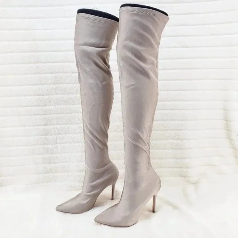 ☆ Cape Robbin Tan Stretch Spandex Pointy Toe OTK Thigh Boot High Heels